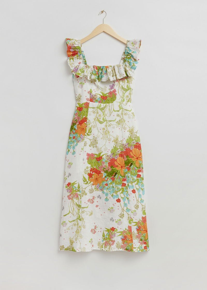 And Other Stories Ruffle Neck Linen Midi Dress 38, Kleding | Dames, Jurken, Maat 38/40 (M), Wit, Ophalen of Verzenden, Zo goed als nieuw