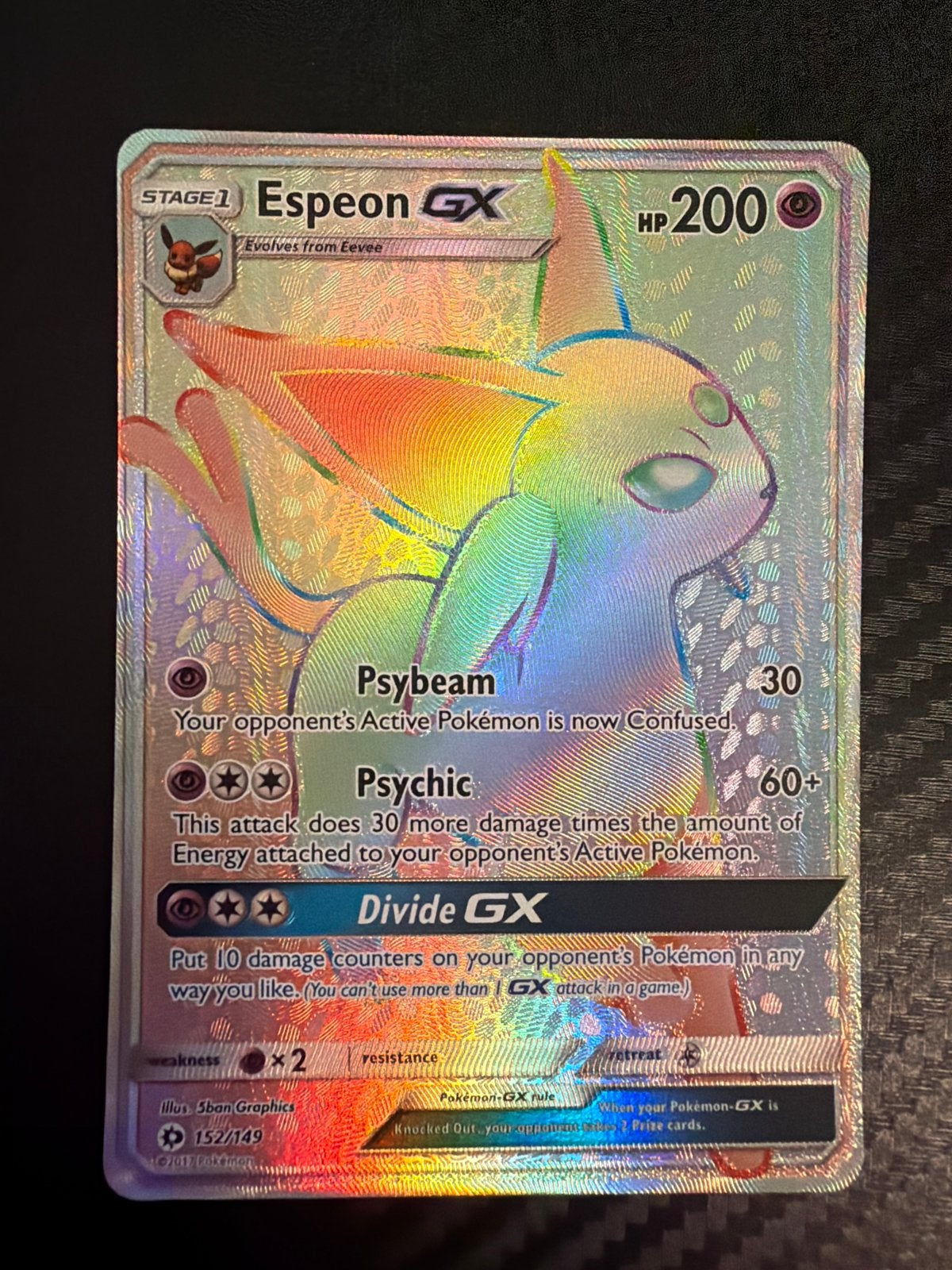 Pokémon Espeon GX Rainbow Rare (SM11 Sun & Moon), Ophalen of Verzenden, Zo goed als nieuw, Losse kaart, Foil