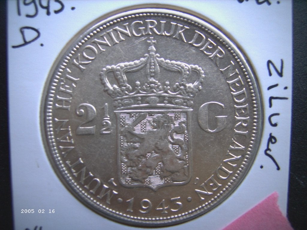 Zilver Rijksdaalder 1943.d, Ophalen of Verzenden, Koningin Wilhelmina, 2½ gulden, Zilver