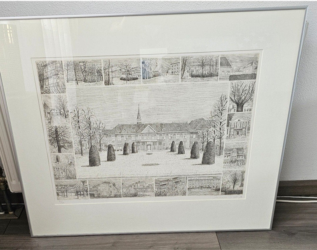 Grote Ets van het oude CWZ ziekenhuis in Nijmegen 80 x 65 cm, Antiek en Kunst, Kunst | Etsen en Gravures, Ophalen