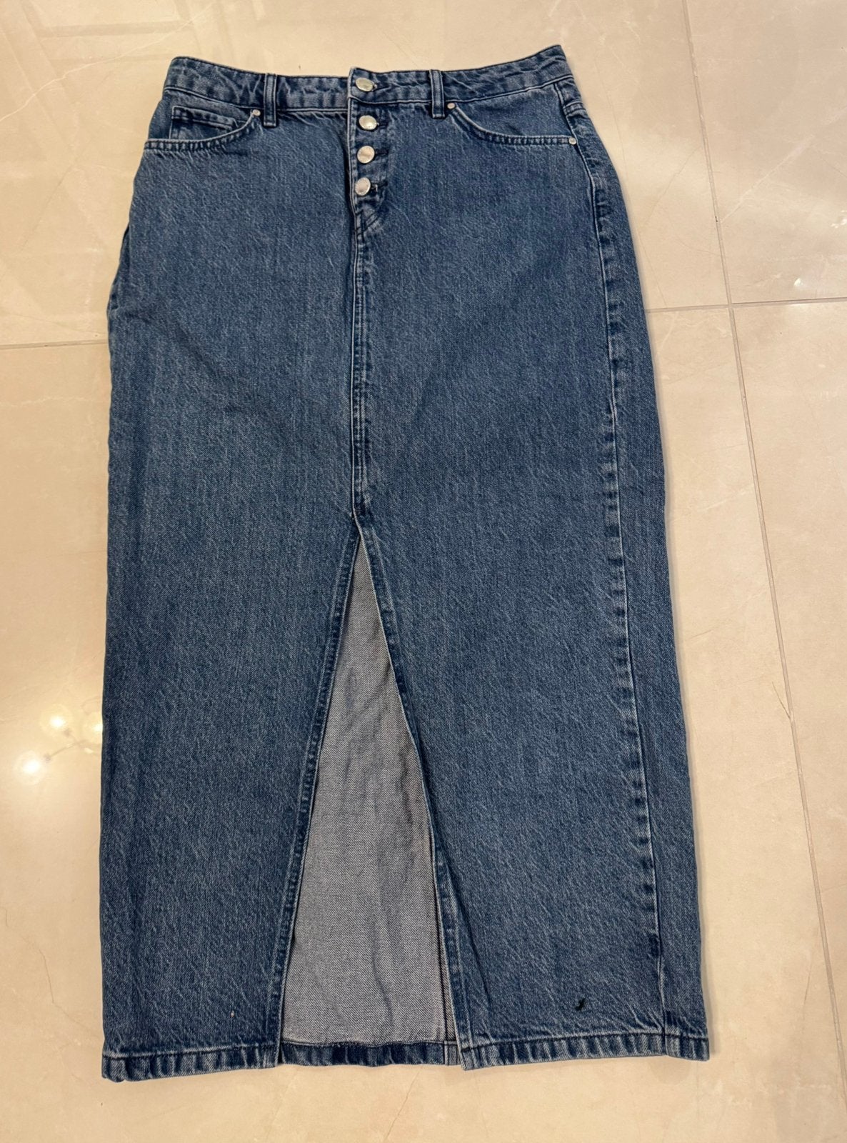 denim maxi skirt L lange spijkerrok jeans split, Ophalen of Verzenden, Zo goed als nieuw, Blauw, Onder de knie