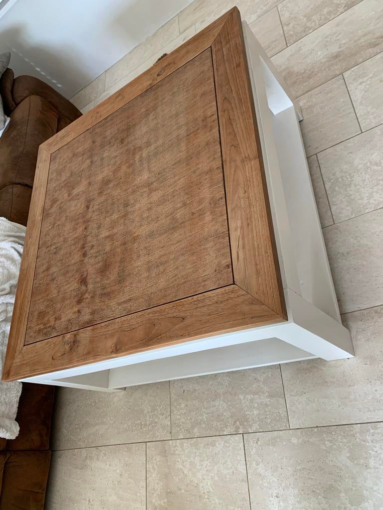 Teak Salontafel (100x100) met Bijzettafel (50x50), Ophalen, Gebruikt, 50 tot 75 cm, 50 tot 100 cm
