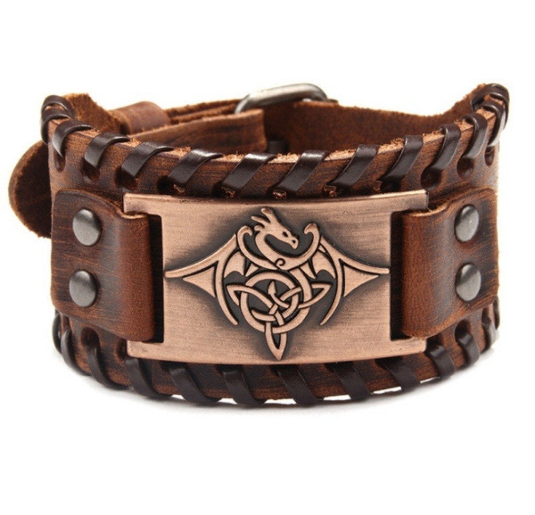 Stoere leren dragon Armband, Sieraden, Tassen en Uiterlijk, Ophalen of Verzenden, Nieuw, Bruin, Leer