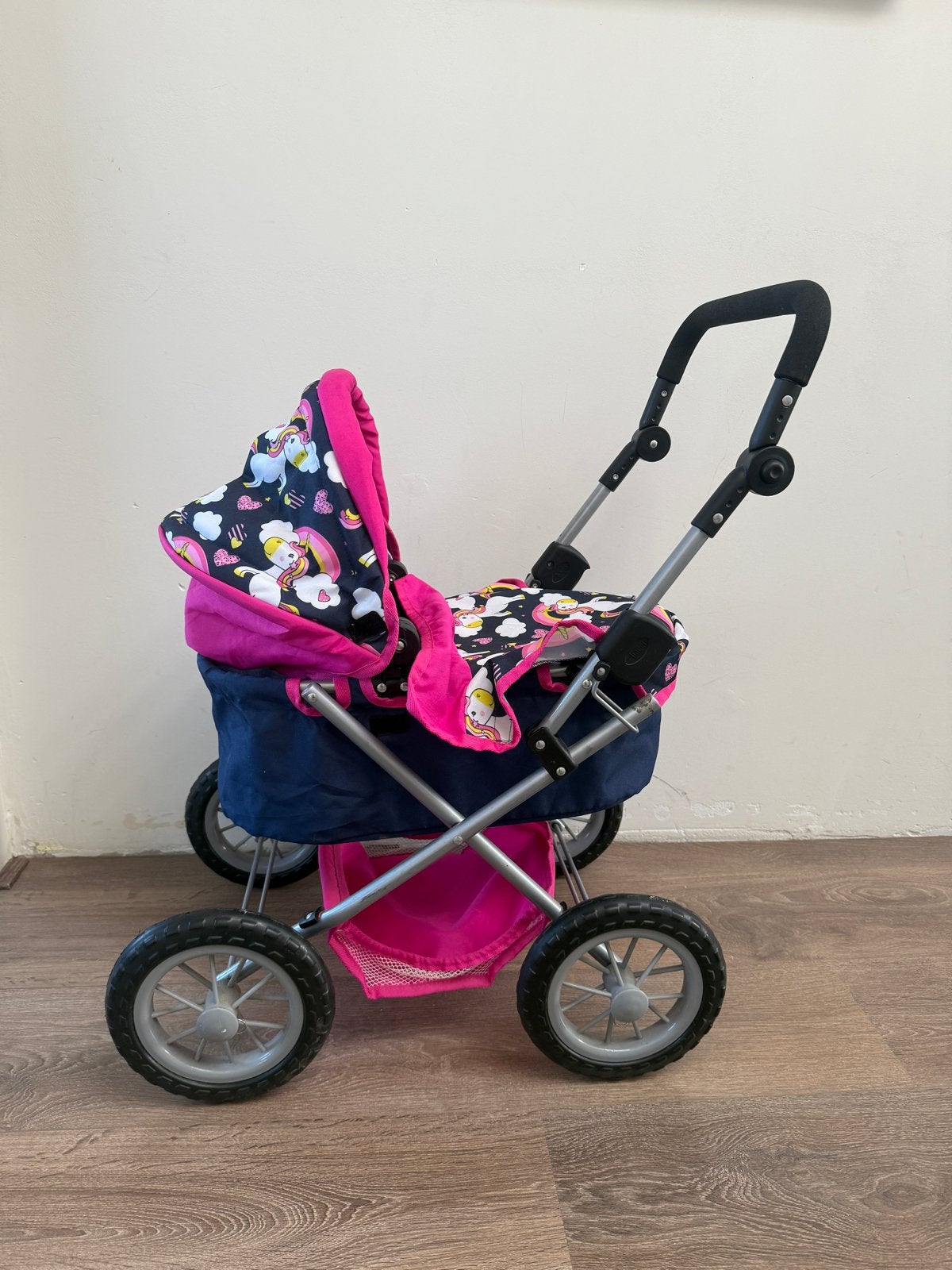 Poppenwagen roze/blauw met eenhoornprint, Ophalen of Verzenden, Zo goed als nieuw