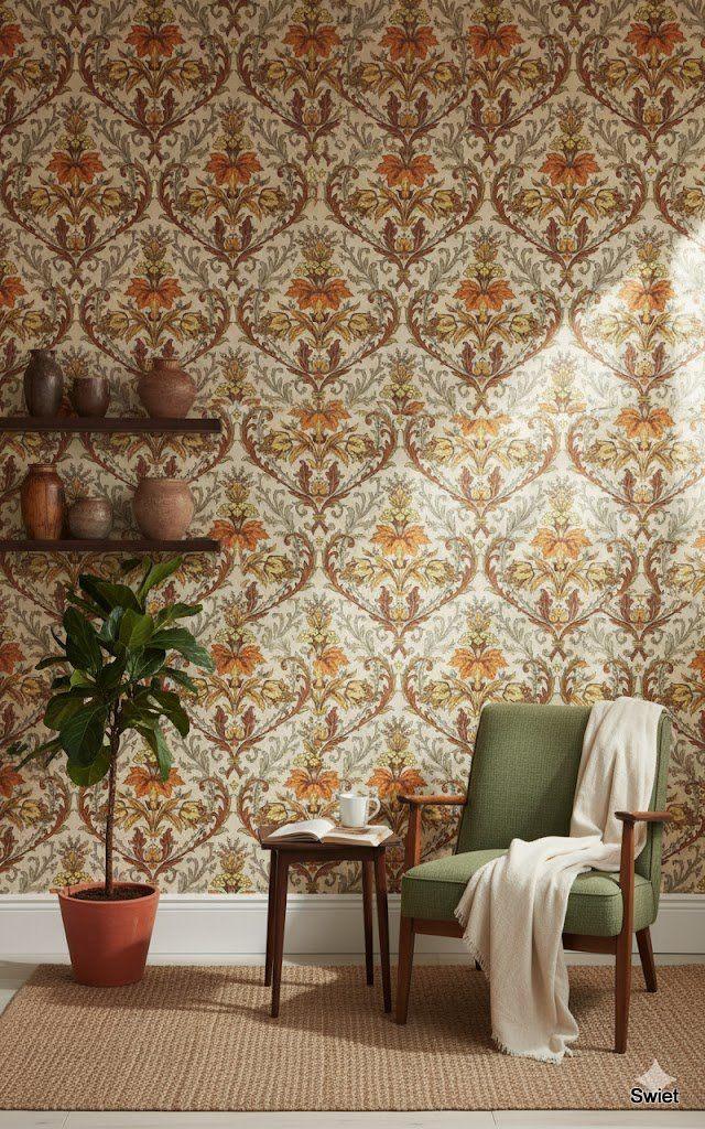 5519 Jugendstil bloemen behang oranje geel bruin retro swiet, Verzenden, Grijs