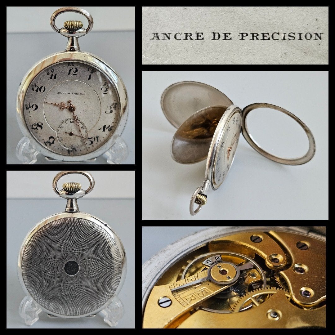 Antiek zilver,  heren zakhorloge,  ancre de precision, Ophalen of Verzenden, Zilver