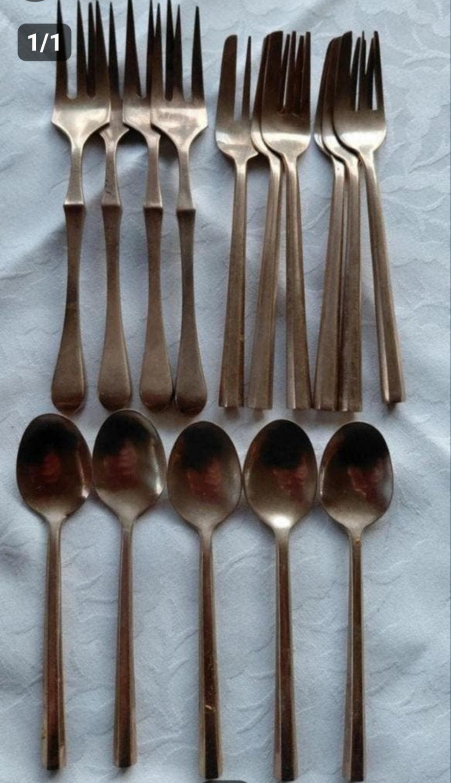 Verzameling bronzen lepeltjes dessert taartvorkjes, Ophalen of Verzenden, Rvs of Chroom