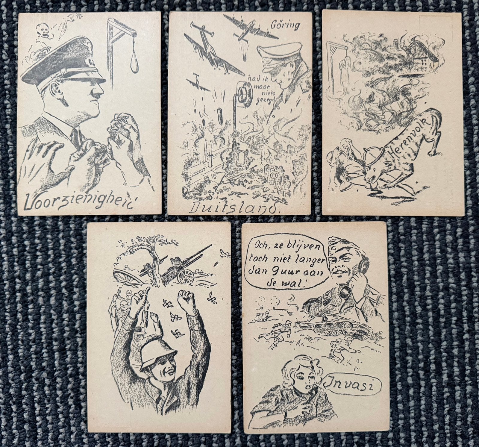 Set van 5 satirische postkaarten WOII - satire op Nazi-Duits, Verzamelen, Ophalen of Verzenden, 1940 tot 1960, Gelopen, Duitsland
