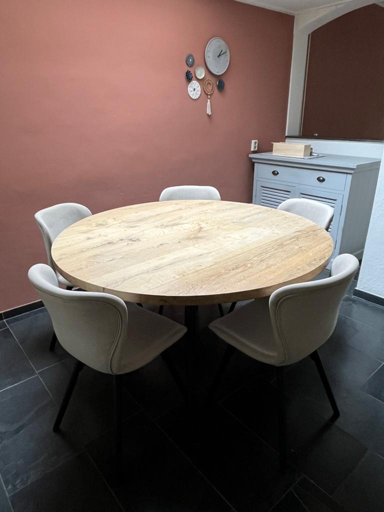 Tafel met eikenhouten blad en 6 stoelen, Huis en Inrichting, Complete eetkamers, Ophalen, Gebruikt, 4 tot 6 stoelen