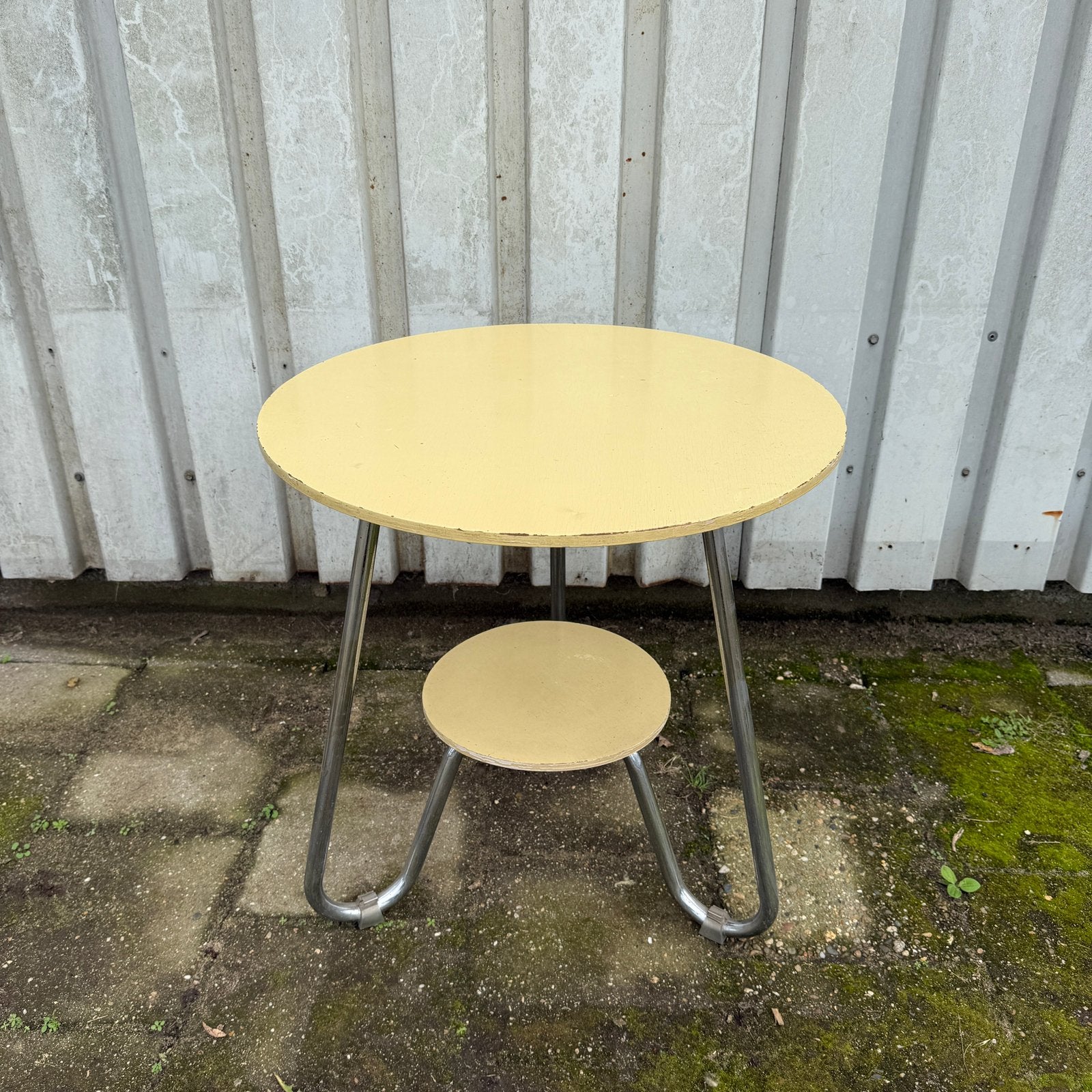 Vintage ronde salontafel bijzettafel chrome buis dico uden, Ophalen, Gebruikt, Metaal of Aluminium, 55 tot 75 cm