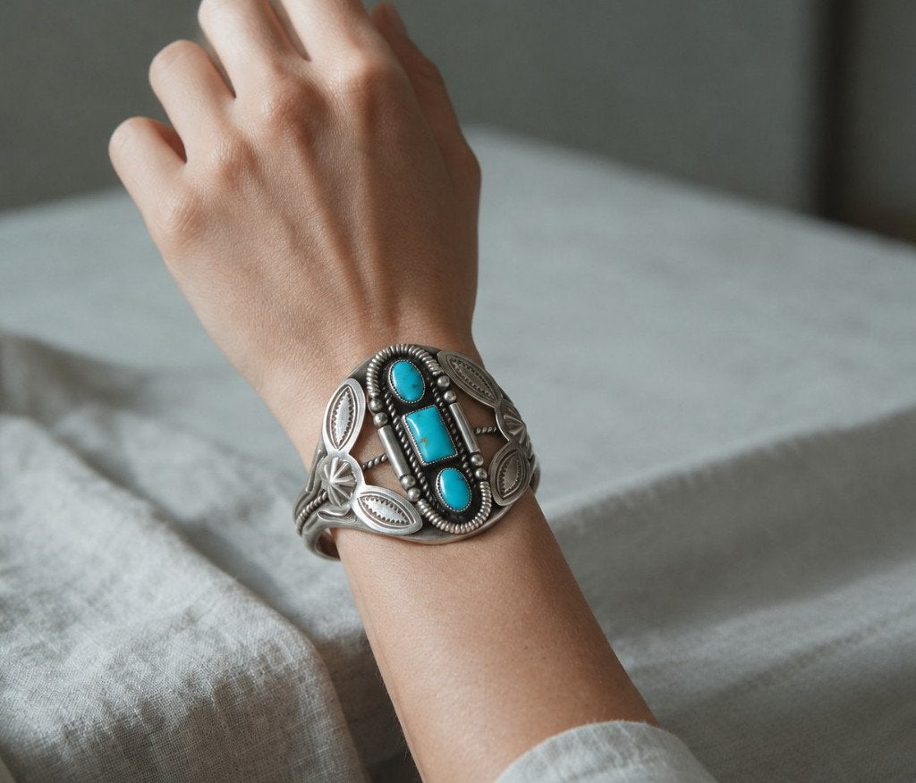 Sublieme zilveren NAVAJO armband 3 turquoise stenen!, Verzenden, Zo goed als nieuw, X, Met edelsteen