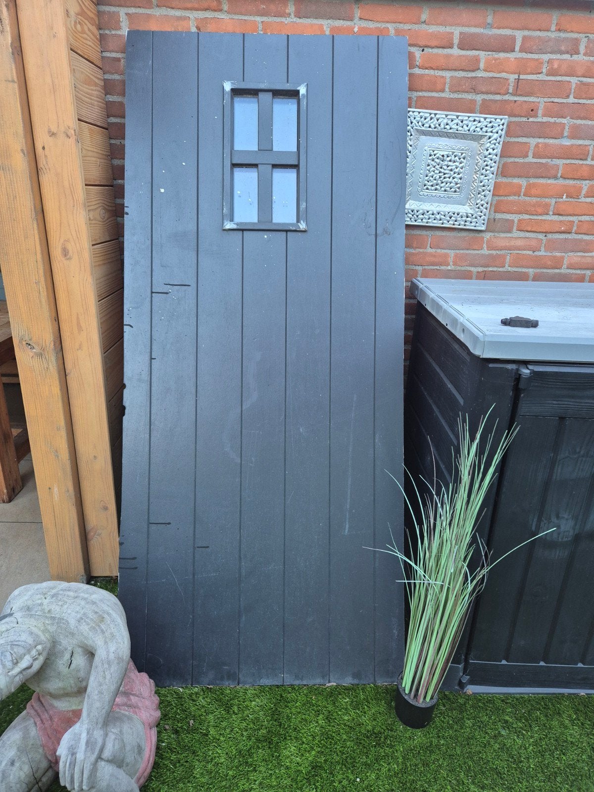 Zwarte houten deur met raam - 212x92x6 cm, Gebruikt, 80 tot 100 cm, Ophalen of Verzenden, Buitendeur