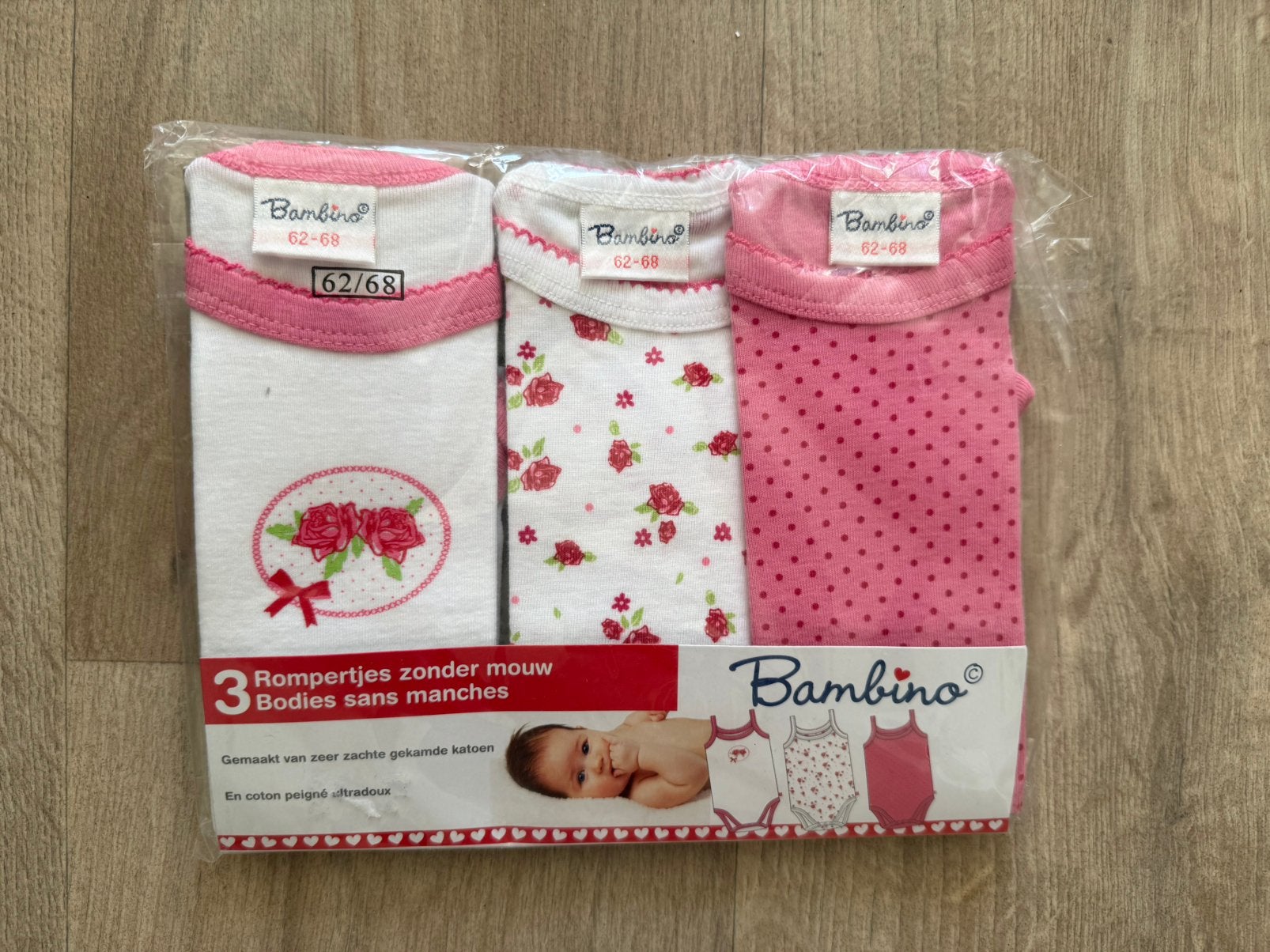 Nieuwe wit/roze rompertjes  meisjes - Bambino - maat 62/68, Ophalen of Verzenden, Nieuw, Meisje, Nacht- of Onderkleding