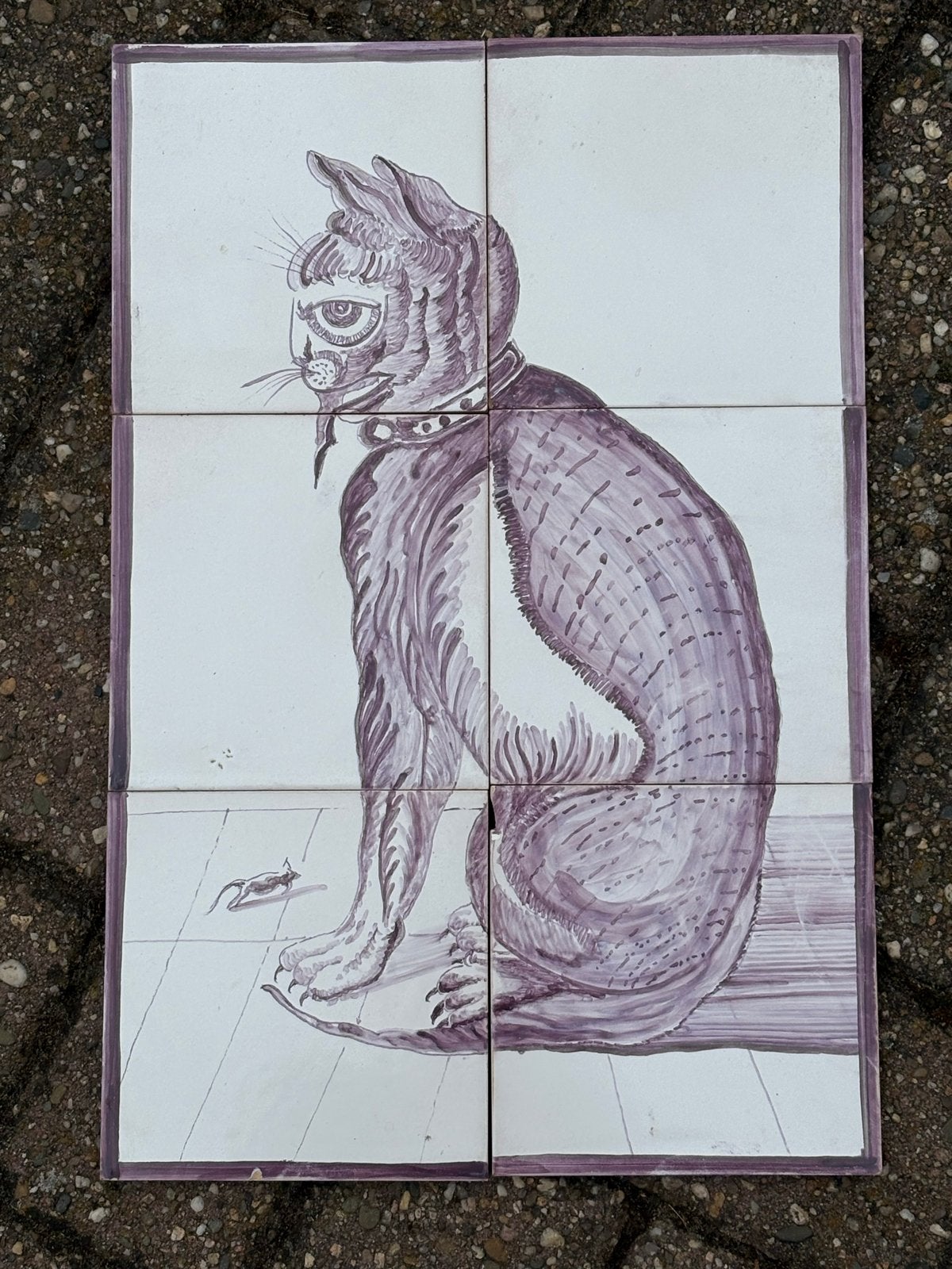 Authentiek Tegeltableau Kat met Muis - Handgeschilderd, Antiek en Kunst, Ophalen of Verzenden