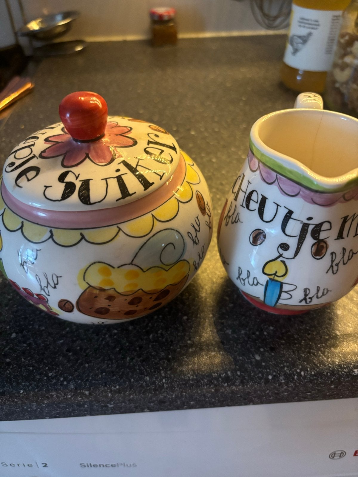 Origineel Blond Suikerpot melkkannetje met kleine breuk, Ophalen, Gebruikt, Keramiek, Overige typen