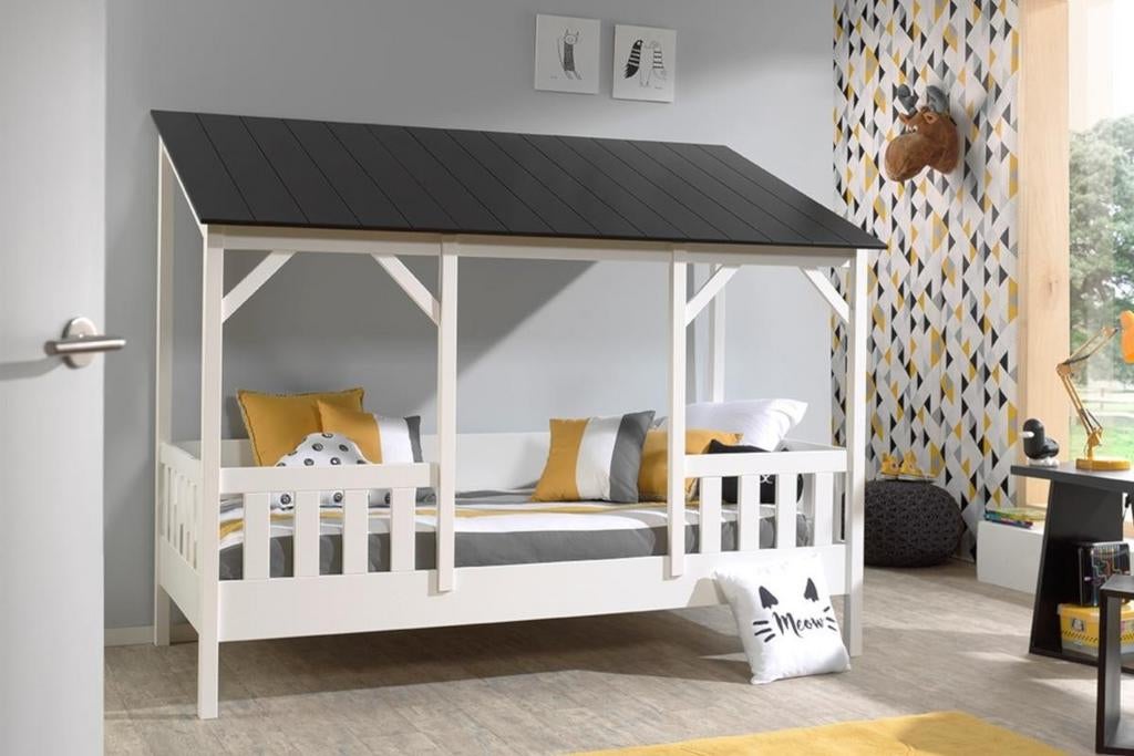 Kinderbed 200x90cm met zwart dak - Huisbed, Kinderen en Baby's, Kinderkamer | Bedden, Ophalen, 85 tot 100 cm, Zo goed als nieuw