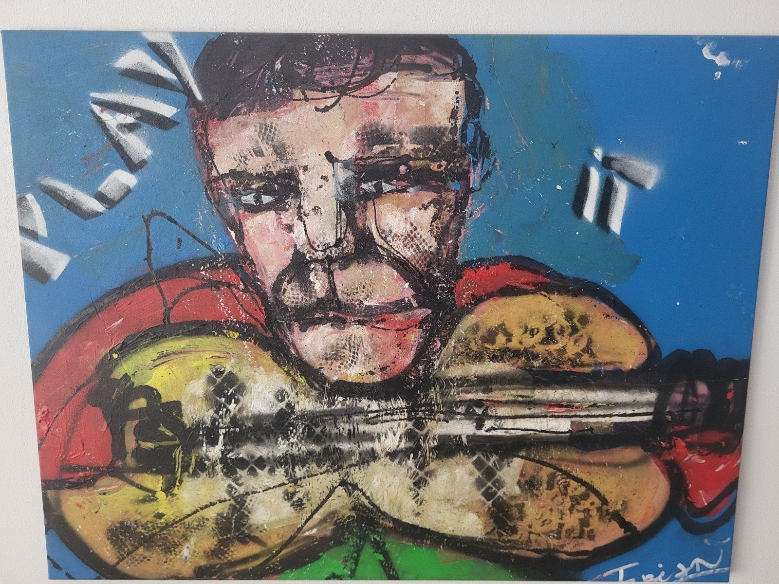 Schilderij Fabian: Man met Gitaar - Levendige Kleuren, Ophalen