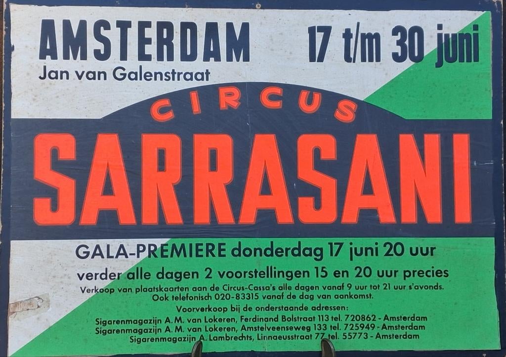 Amsterdam.  Circus SARRASANI poster. Oud.  42/32 cm., Verzamelen, Posters, Gebruikt, Overige onderwerpen, A1 t/m A3, Rechthoekig Liggend
