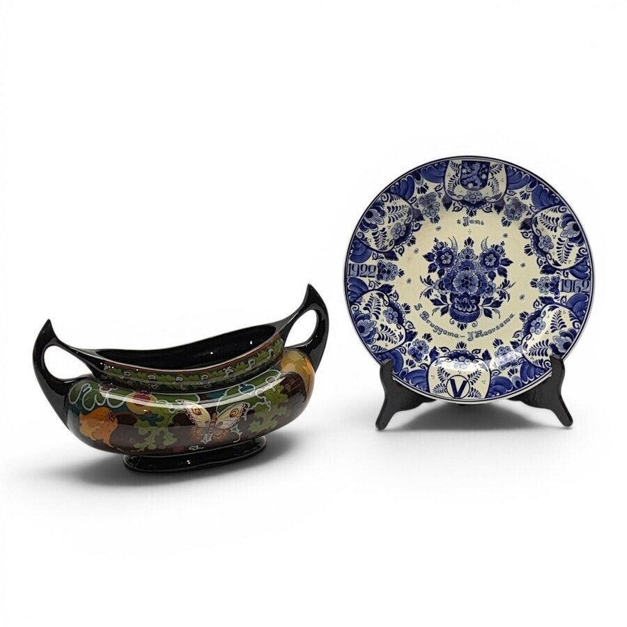 Platelen jardiniere, Ivora Gouda en blauw-witte schotel, Antiek en Kunst, Antiek | Keramiek en Aardewerk, Ophalen of Verzenden