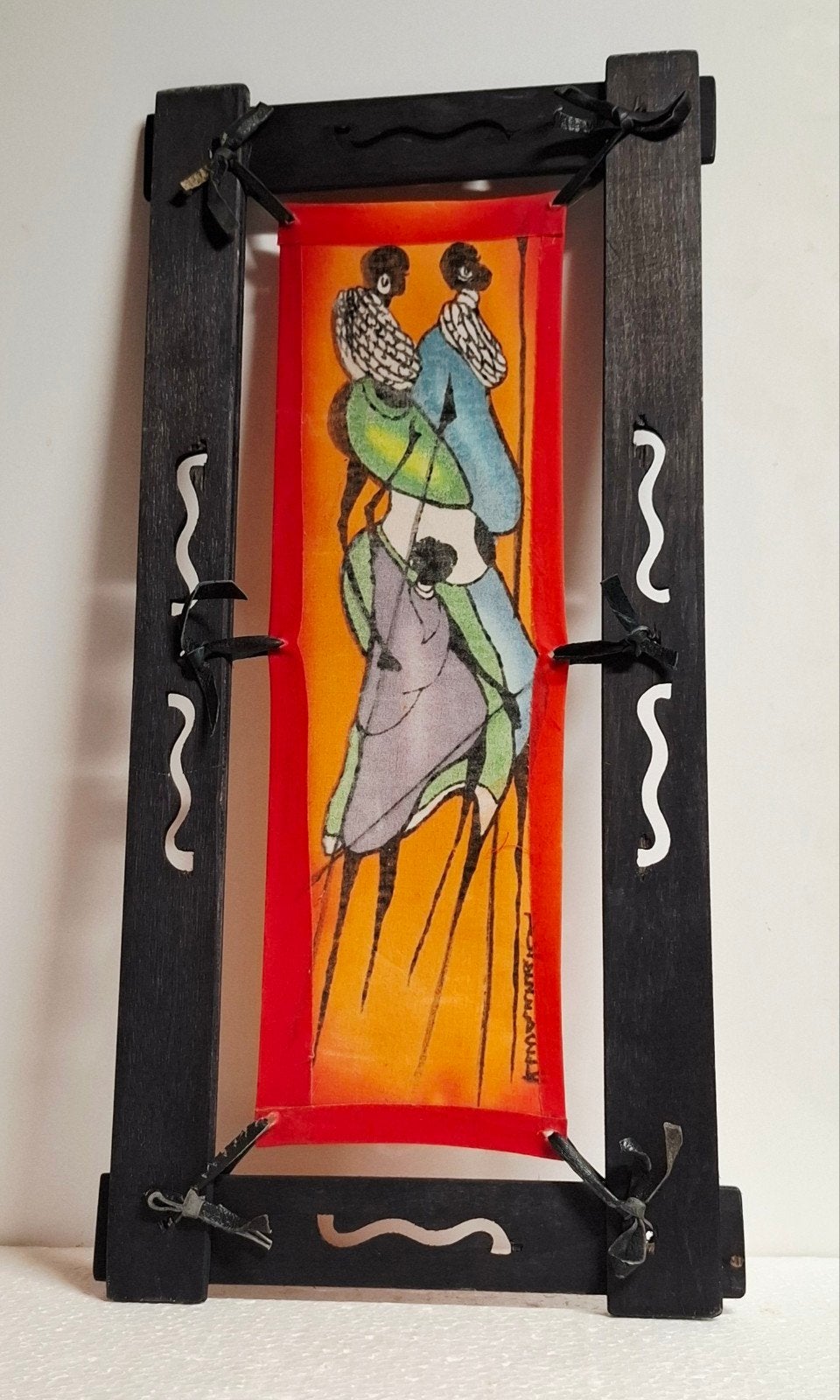 Afrikaans schilderij op zijde in houten lijst, gesigneerd, Hout, Schilderij, Handgemaakt, Afrika