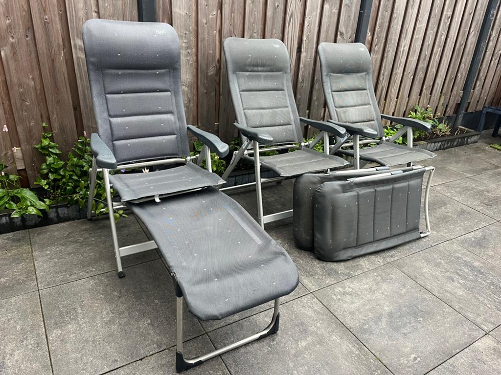 3 Crespo stoelen + voetenbankjes, Caravans en Kamperen, Kampeermeubelen, Ophalen, Zo goed als nieuw, Campingstoel