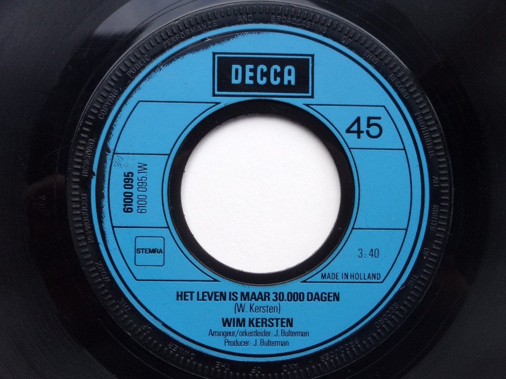 SINGLE: WIM KERSTEN  (HET LEVEN IS MAAR 30.000 DAGEN), Ophalen of Verzenden, Zo goed als nieuw, 7 inch, Nederlandstalig