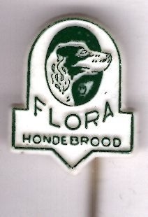 Flora hondenbrood groen op wit plastic speldje ( W_452a), Ophalen of Verzenden, Zo goed als nieuw, Merk, Speldje of Pin