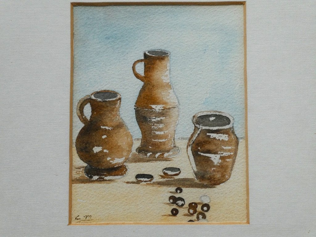Aquarel / stilleven met Middeleeuwse kannetjes Jacobakan, Stilleven, Ophalen of Verzenden, Papier, Origineel werk