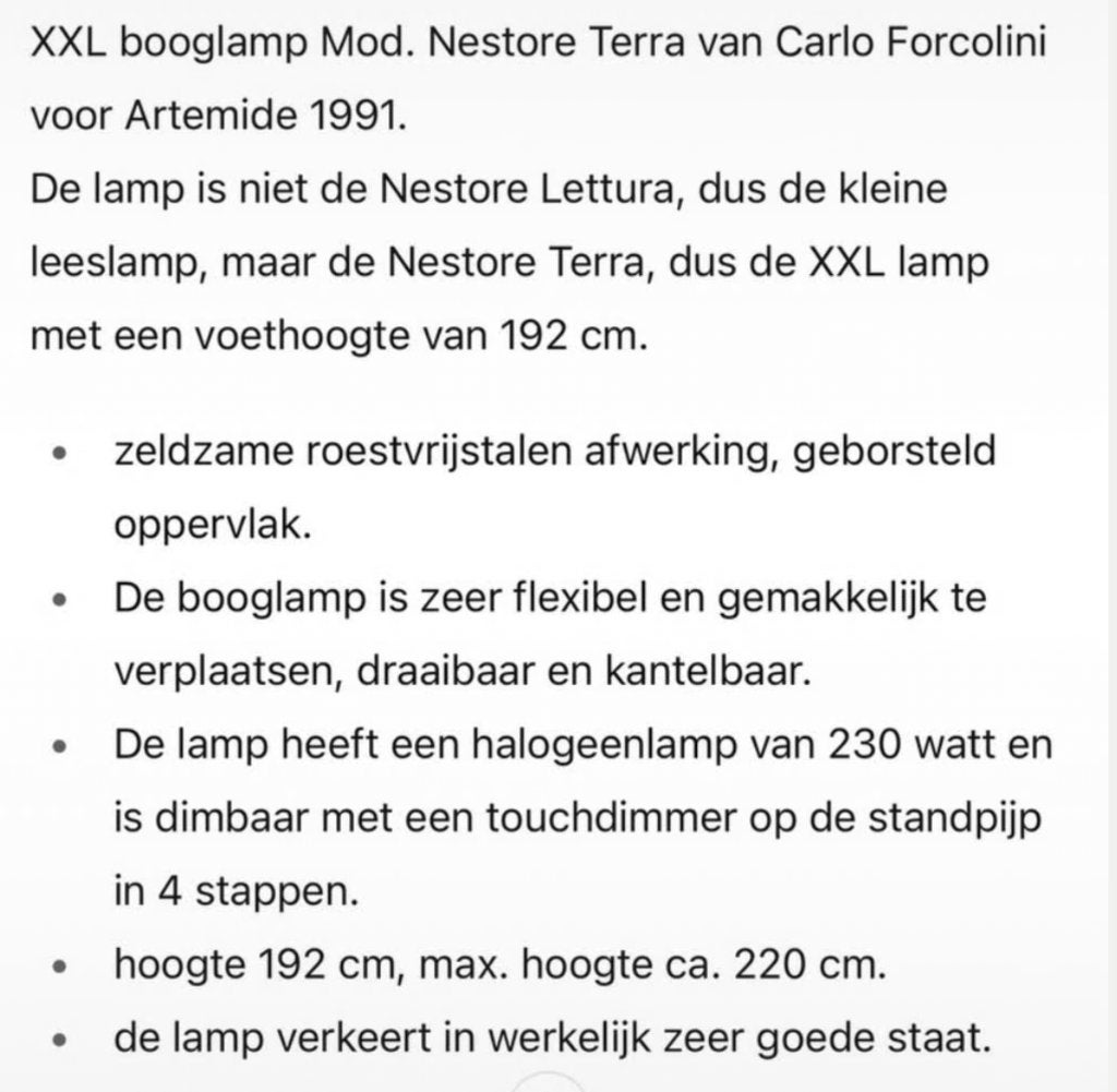 Artemide Nestore Terra grote vloerlamp RVS kleur, Ophalen, Zo goed als nieuw, Metaal, 150 tot 200 cm
