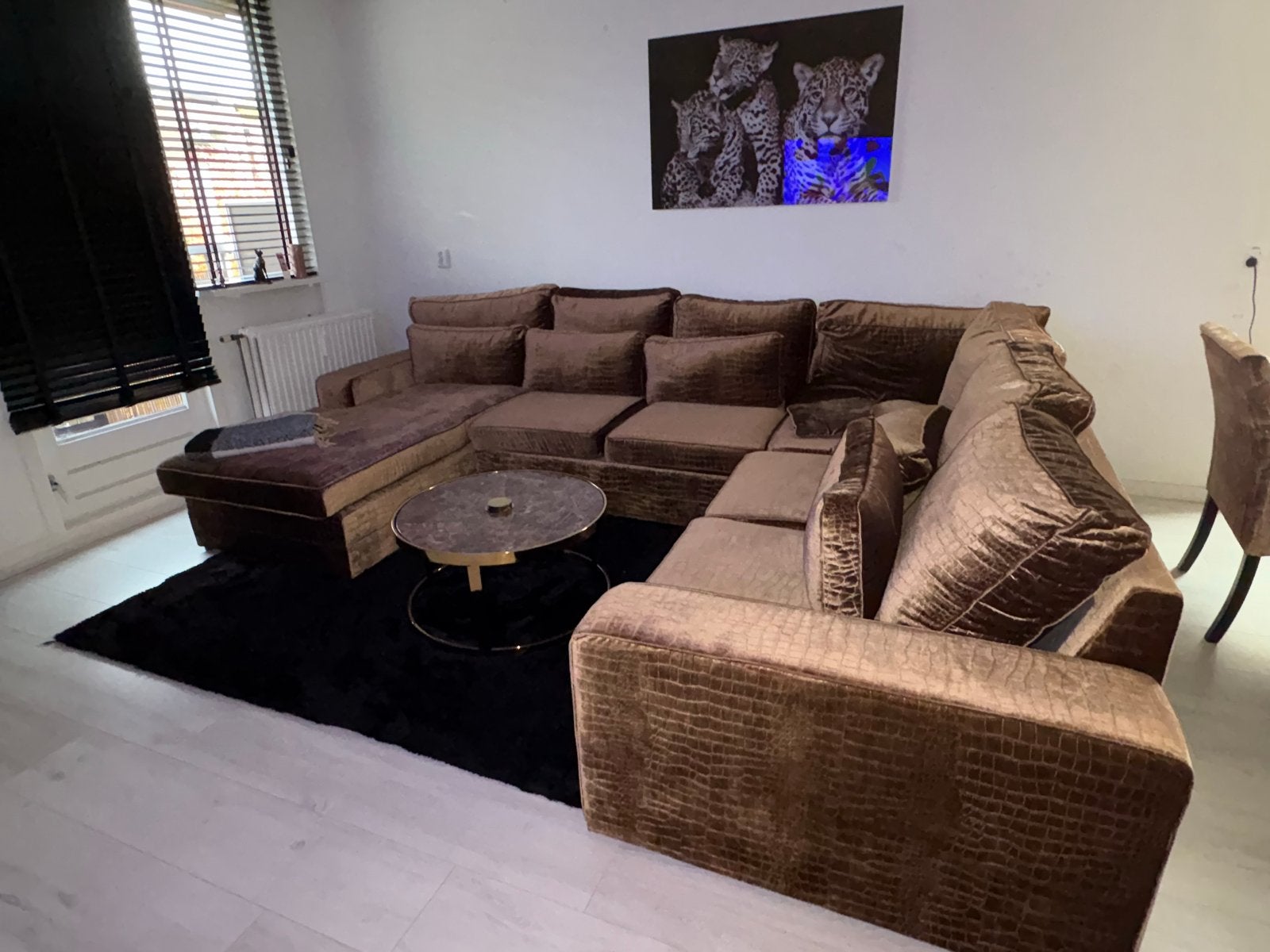 U-bankstel fluweel velvet croco print caramel brons, Huis en Inrichting, Ophalen, Hoekbank, 300 cm of meer, Zo goed als nieuw