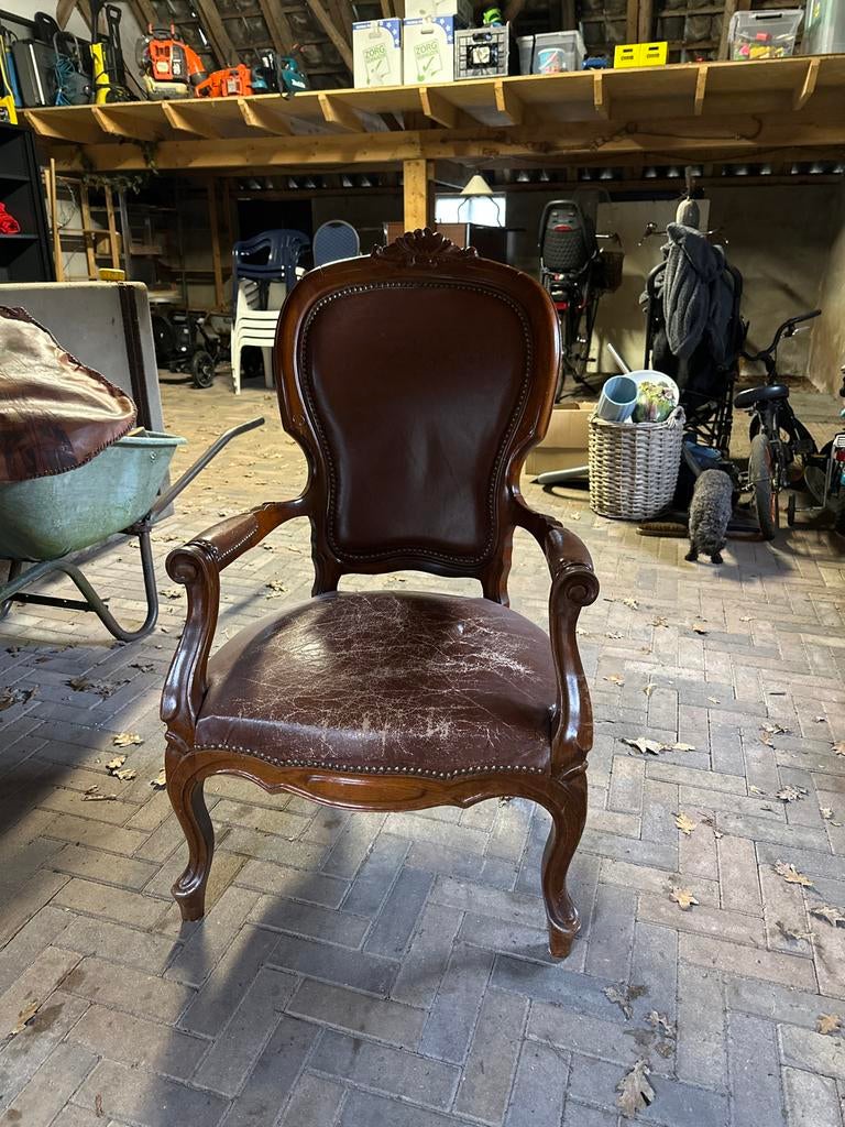 Antieke fauteuil met lederen bekleding, Ophalen of Verzenden