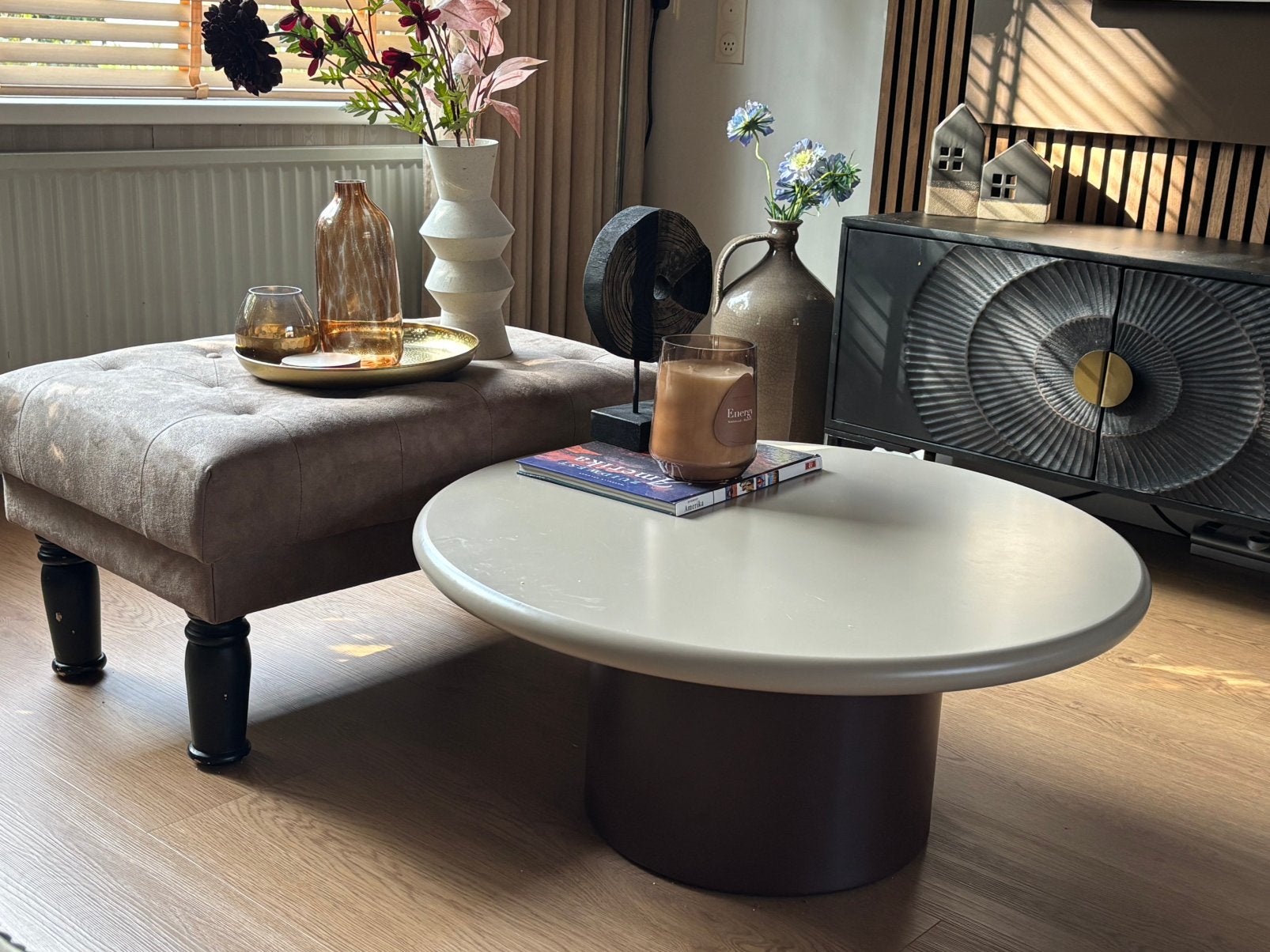 Rondeel Salontafel | Bruin & Taupe, Ophalen of Verzenden, Zo goed als nieuw, Rond, 50 tot 100 cm