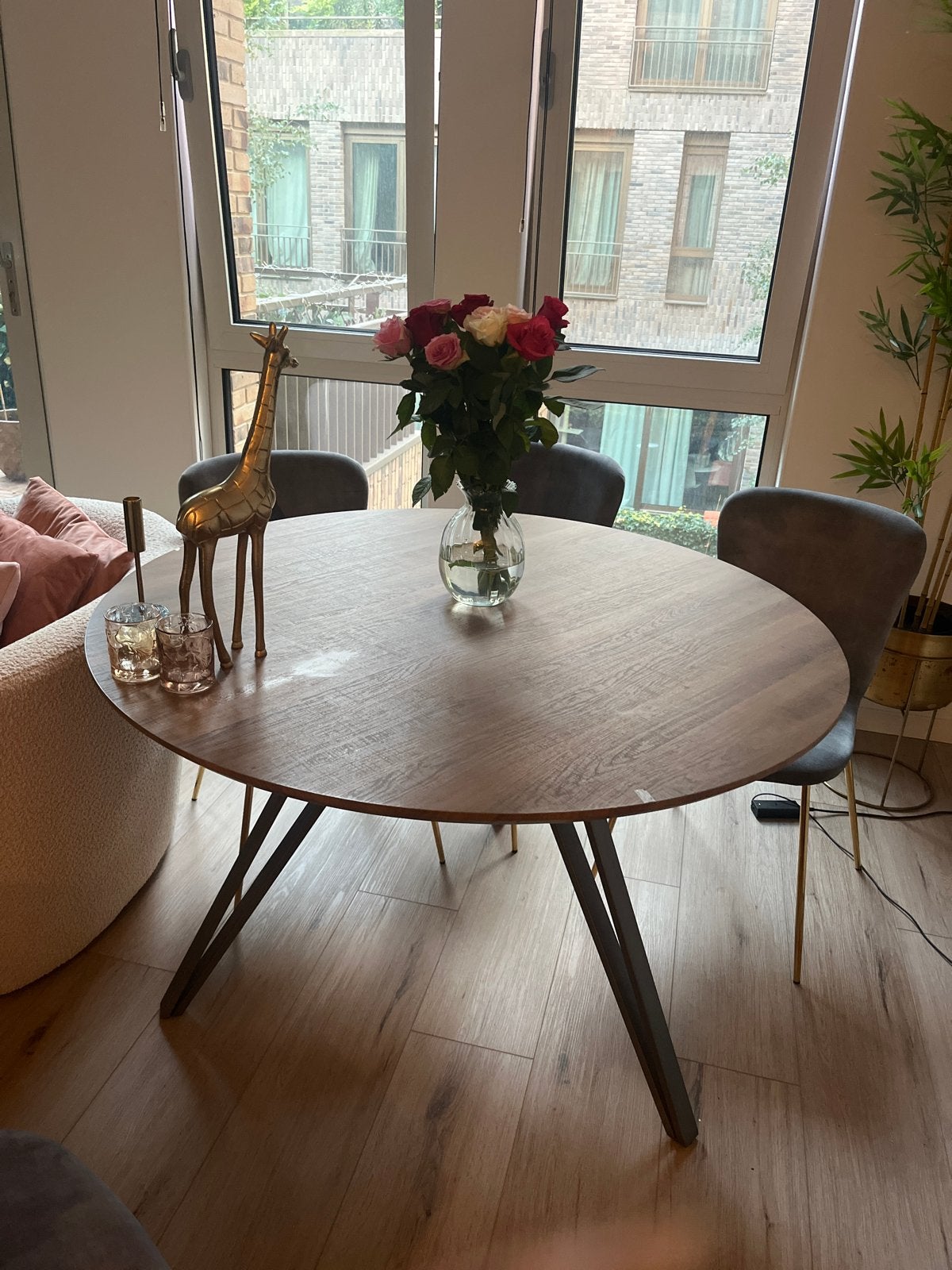 Ronde eettafel met houtlook en metalen poten, Gebruikt, 100 tot 150 cm, Rond, Ophalen of Verzenden