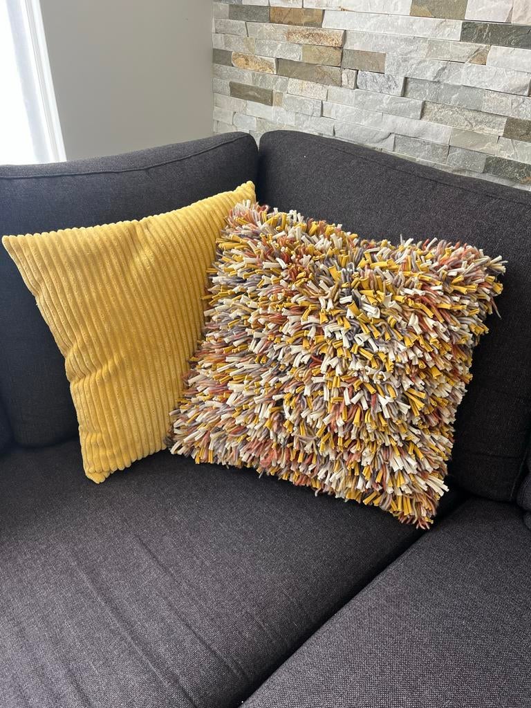 Set van 2 sierkussens: geel ribfluweel en shaggy multicolor, Ophalen, Zo goed als nieuw, Geel, Vierkant