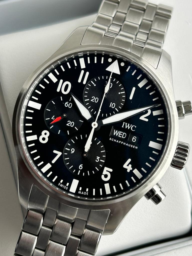 IWC Pilot chronograph 43 mm full set, Overige merken, Staal, Gebruikt, Staal