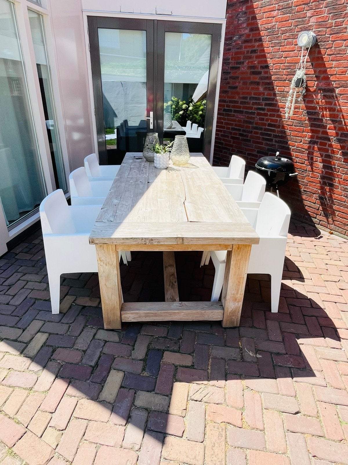 Teakhouten (Paco) tafel met 6 Witte box Stoelen, Gebruikt, 6 zitplaatsen, Teakhout, Ophalen of Verzenden