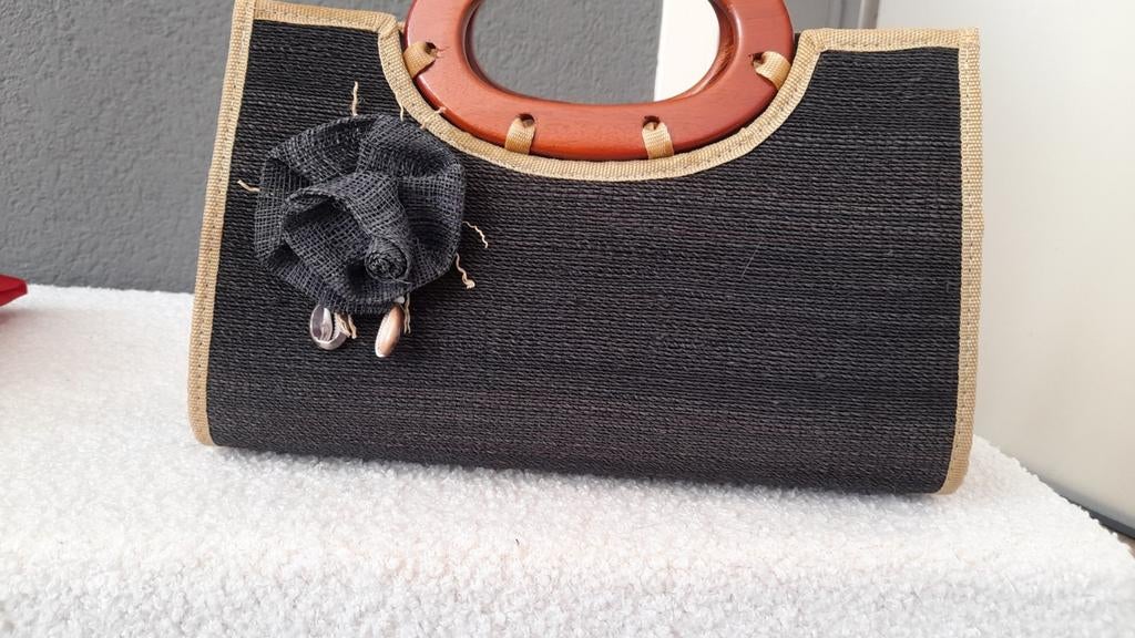 Linnen look handtas met houten handvatten, Sieraden, Tassen en Uiterlijk, Ophalen of Verzenden, Gebruikt, Zwart, Handtas