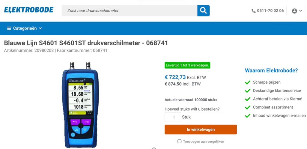 BLAUWE LIJN S4602-ST elektronische druk(verschil)meter, Ophalen, Zo goed als nieuw