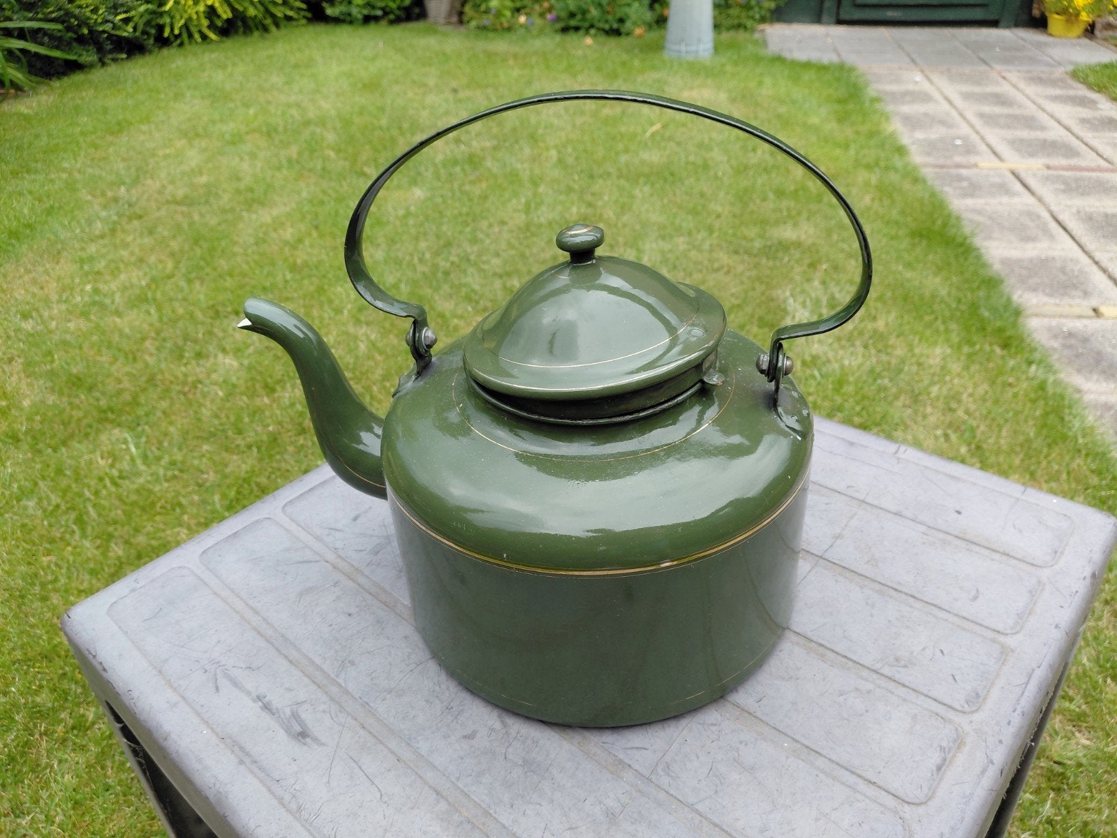 Prachtige grote, bijna gave emaille water-ketel. Diep-groen., Ophalen of Verzenden