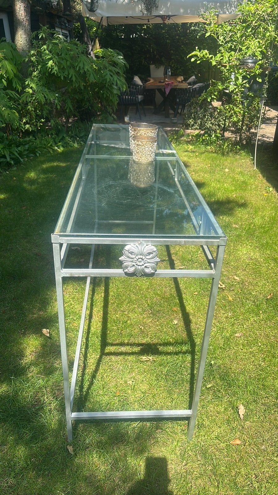 Metalen consoletafel tuintafel glasplaat, Ophalen, Gebruikt, Glas, 75 cm of meer