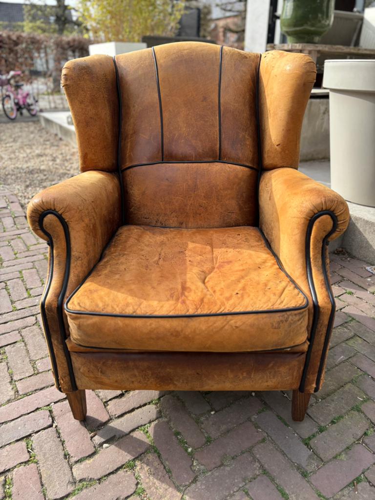Schapenleren Vintage geleefde fauteuil, Ophalen of Verzenden
