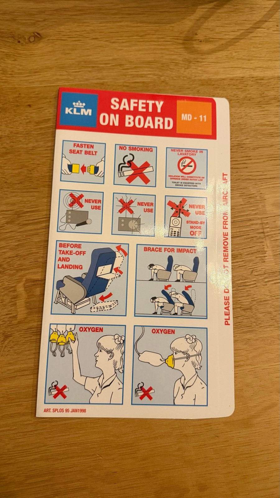 KLM MD-11 Safety Card - January 1998, Verzamelen, Luchtvaart en Vliegtuigspotten, Ophalen of Verzenden, Gebruikt, Kaart, Foto of Prent