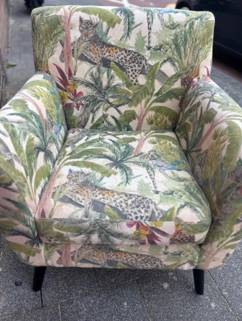 2 fauteuils met tropische jungleprint, Ophalen, Gebruikt, 75 tot 100 cm, Stof