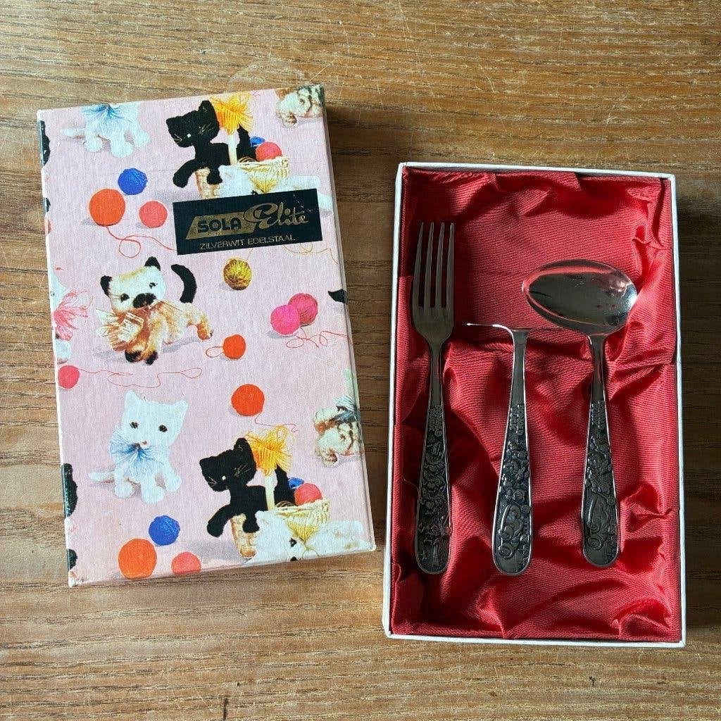 Vintage Sola GZ kinderbestek bestek Donald Duck in doosje, Antiek en Kunst, Ophalen of Verzenden