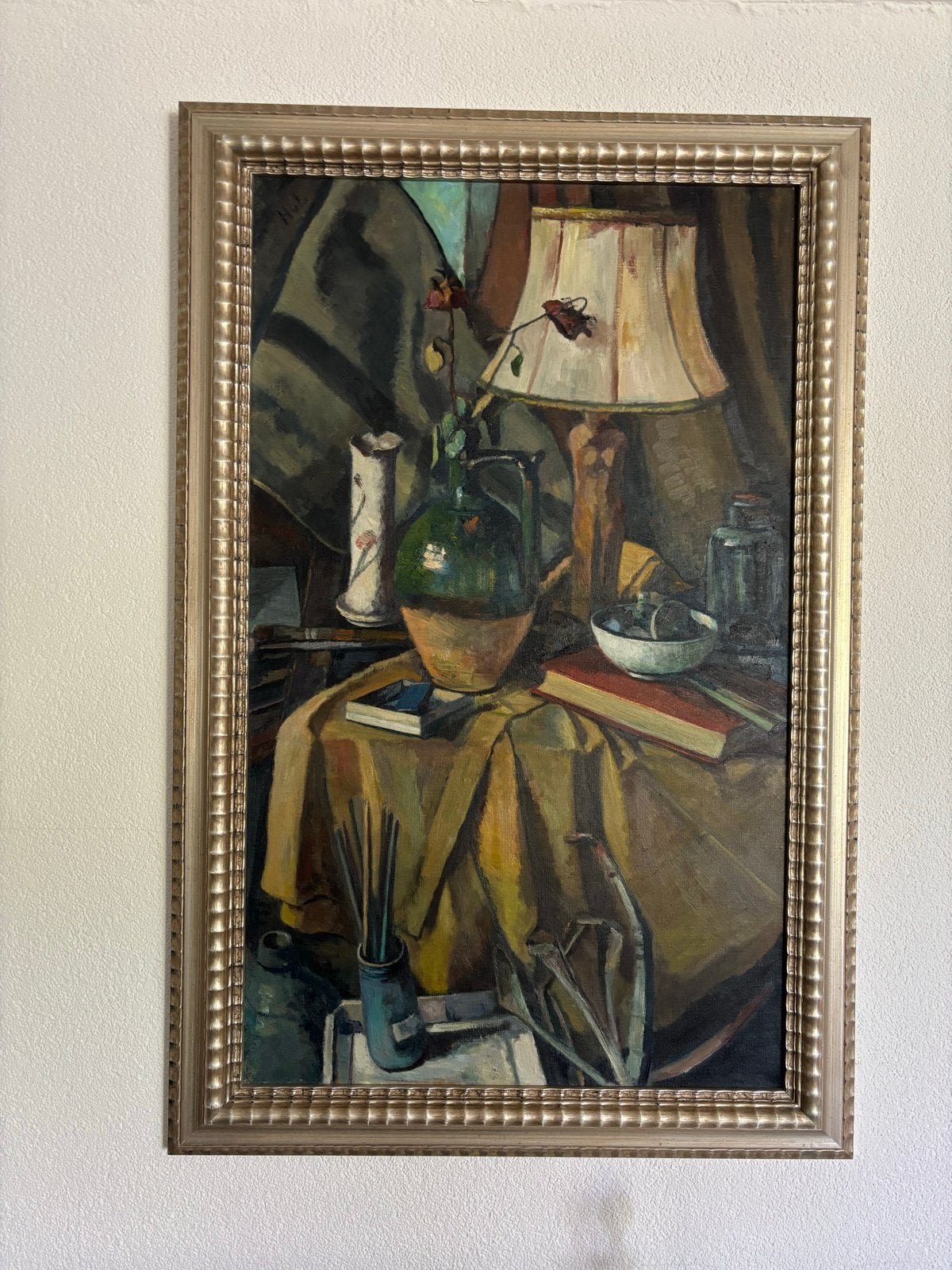 Stilleven met lamp en boeken door Huub van Baar, Ophalen, Doek, Realistisch, Stilleven