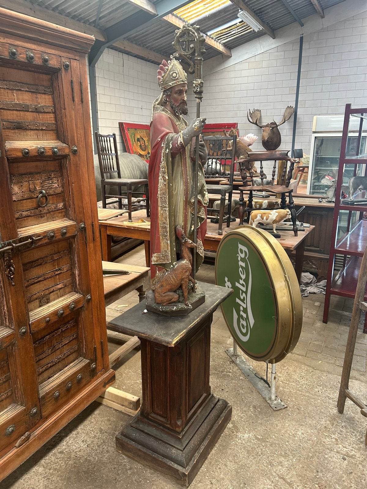 Prachtig beeld St. Hubertus met hert en staf, 130cm hoog, Antiek en Kunst, Ophalen