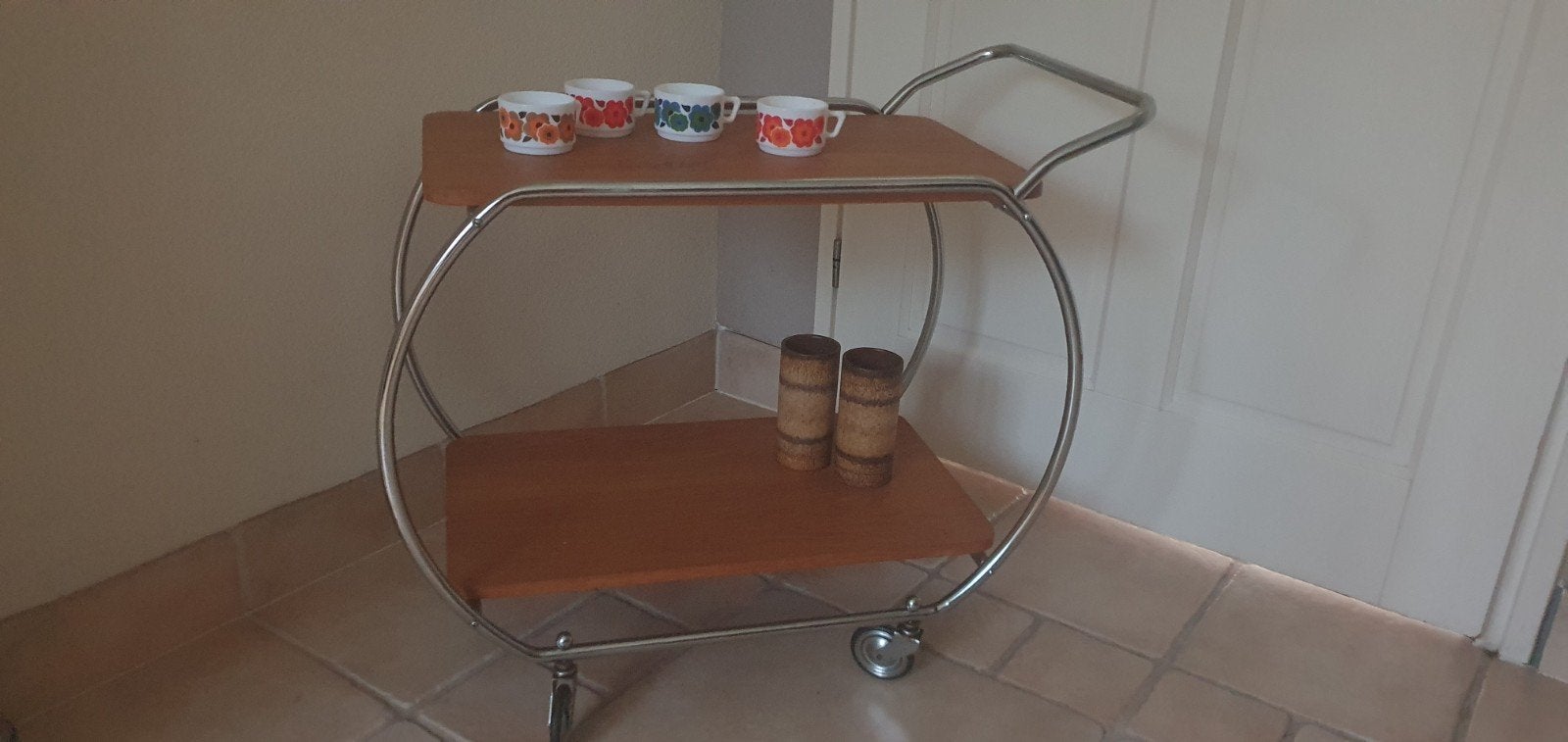 Vintage retro theewagen serveerwagen chroom hout, Ophalen, Huis en Inrichting