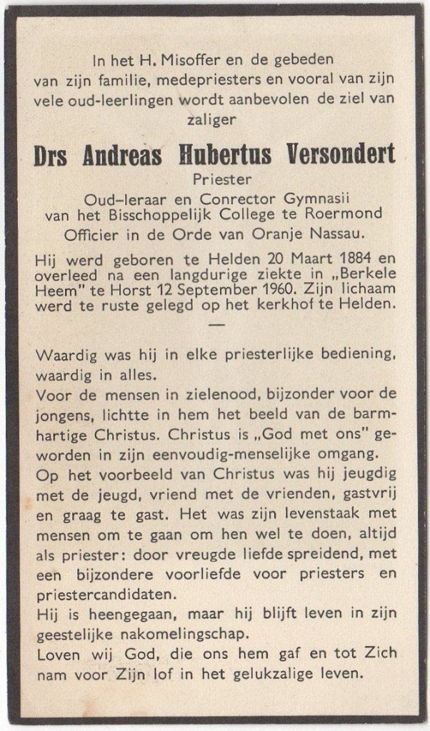 Priester Andreas Versondert 1884 Helden + 1960 Horst, 76 jr, Verzamelen, Bidprentjes en Rouwkaarten, Verzenden