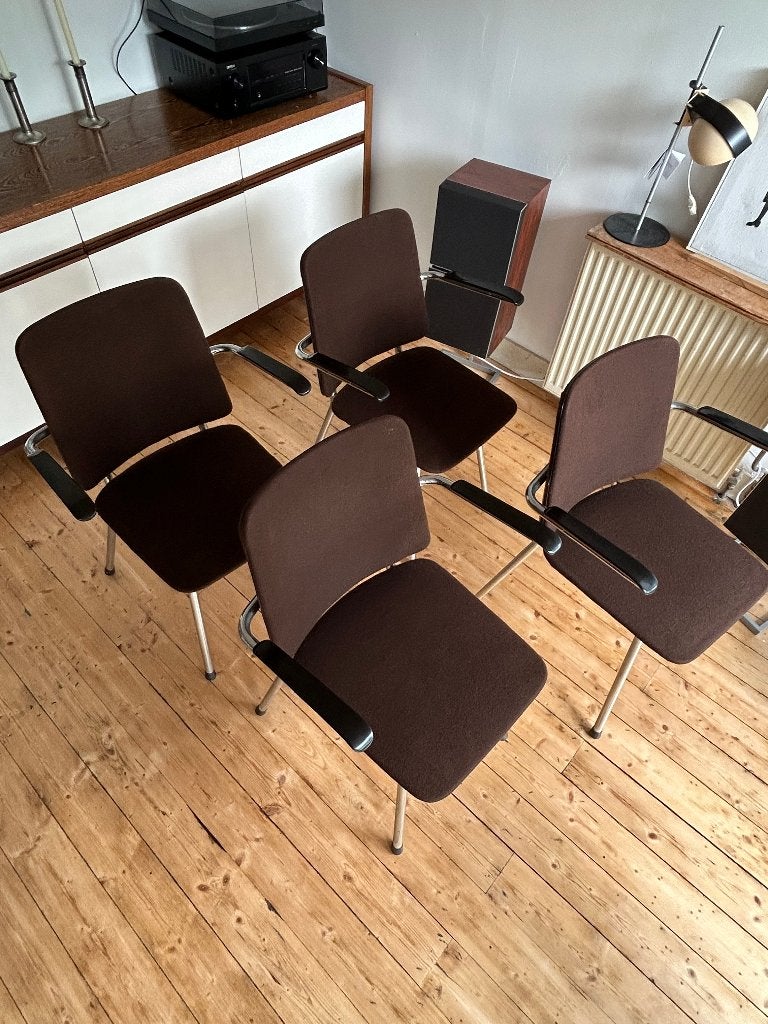 4 vintage buisframe stoelen, chroom, bruin, met armleuningen, Huis en Inrichting, Ophalen, Bruin, Zo goed als nieuw, Metaal