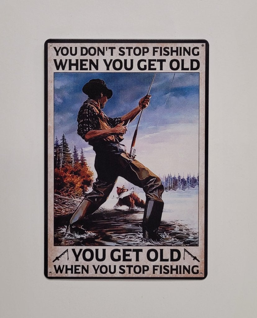 Dont stop fishing get old vissen reclamebord van metaal deco, Info@deconoord.nl, Deco Noord, Nieuw, Ophalen of Verzenden